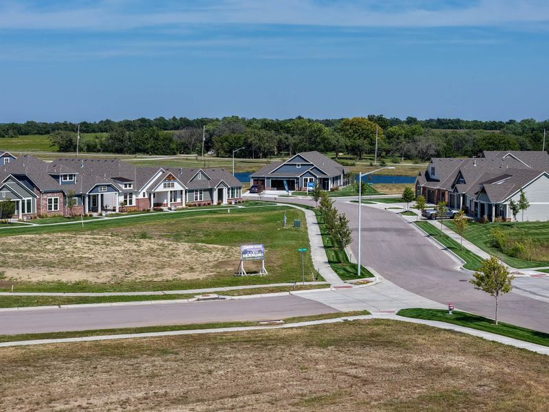 Aerial view of the The Courtyards at Cornerstone community in Andover, KS, showing layout and nearby surroundings (Image 6). Aerial view of the The Courtyards at Cornerstone community in Andover, KS, showing layout and nearby surroundings (Image 6).