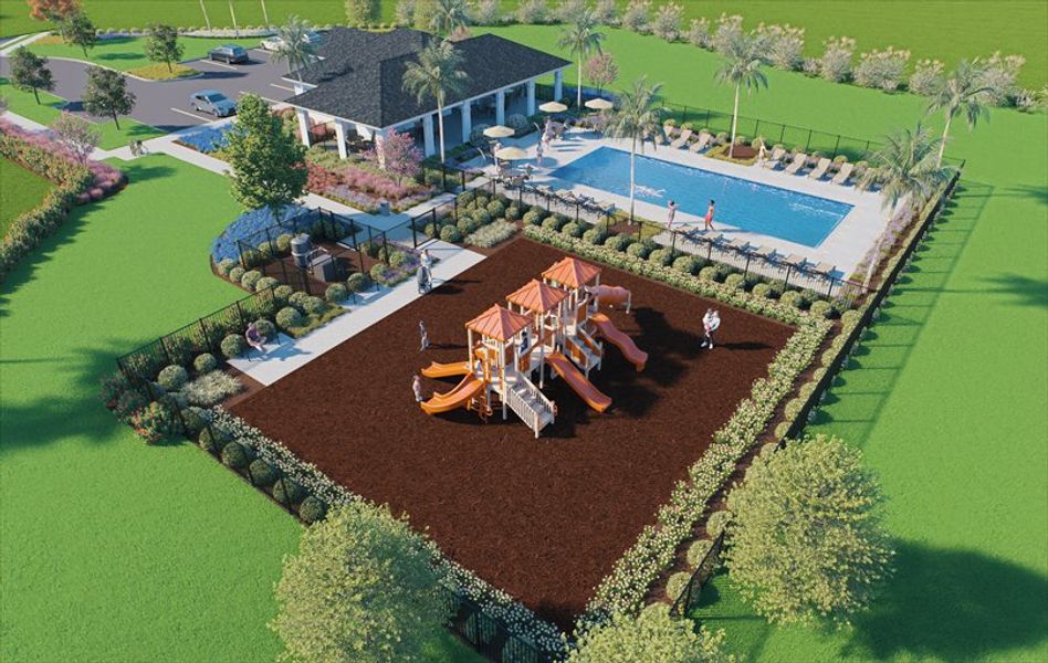Enjoy a zero-entry pool, two playground, dog park with separate areas for sizes, & a 1-acre park.