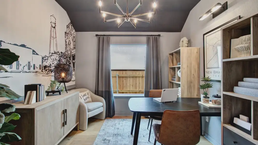 Exquisite home office featuring a dramatic mural, and chic chandelier in Sunflower Ridge enclave.