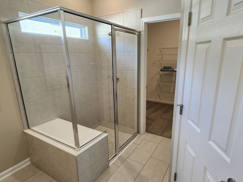 A sleek bathroom features a glass-enclosed shower with beige tile and an adjoining walk-in closet with wire shelving.