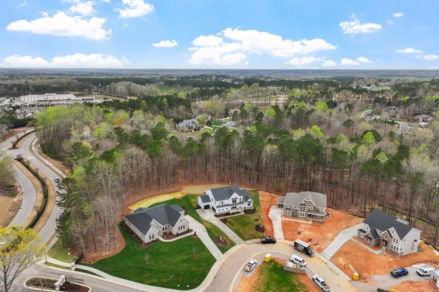 Aerial view of the Watson at Flowers Plantation community in Clayton, NC, showing layout and nearby surroundings (Image 19).