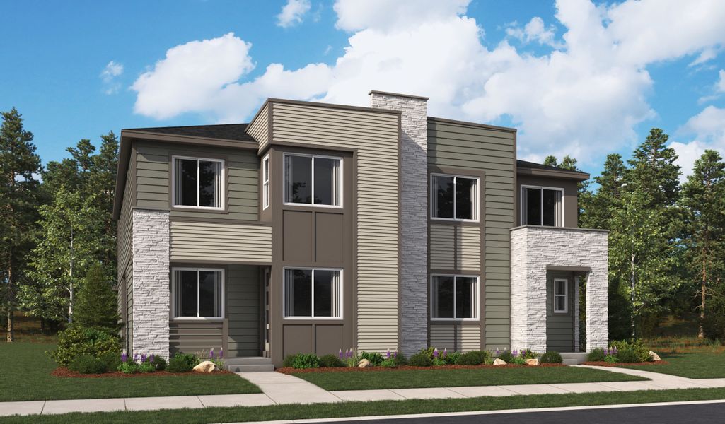 Front exterior of a home in the The Duos at Looking Glass community, located in Parker, CO (Image 8).