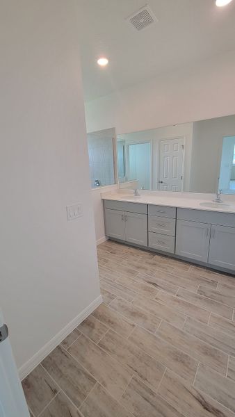 A sleek bathroom featuring a large mirror, light gray cabinetry, and elegant wood-style tile flooring.