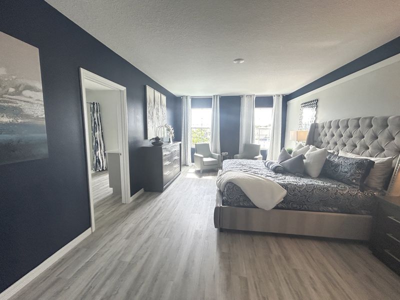 A spacious bedroom featuring elegant dark walls, plush bedding, a sleek dresser, and plenty of natural light.