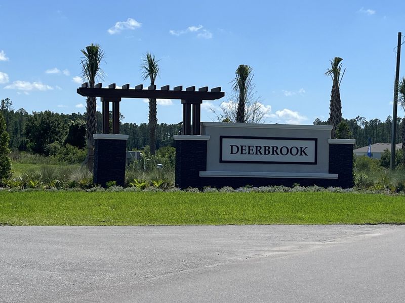 A welcoming entrance sign with palm trees greets visitors to Deerbrook by D.R. Horton in Land O' Lakes, FL.