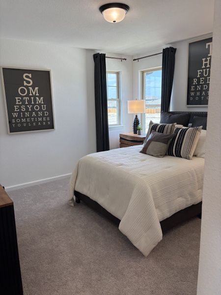 A cozy bedroom with neutral tones, chic decor, plush carpeting, and natural light from dual windows for a serene ambiance.