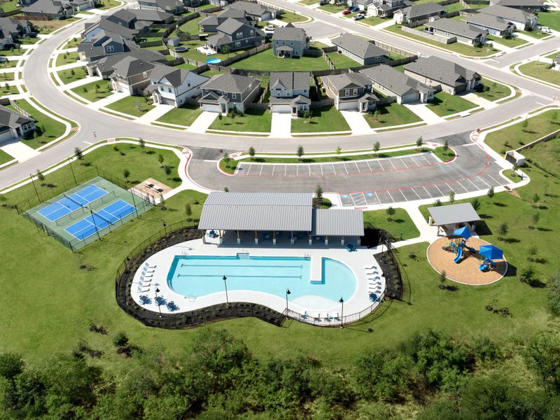 Residents can enjoy a pool, playground, covered pavilion, and pickleball courts at the amenity center.