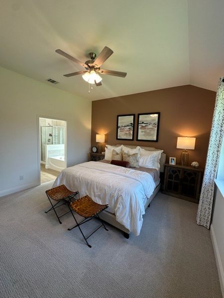 A cozy bedroom featuring a plush bed, warm accents, ceiling fan, and en-suite access for comfort and style.