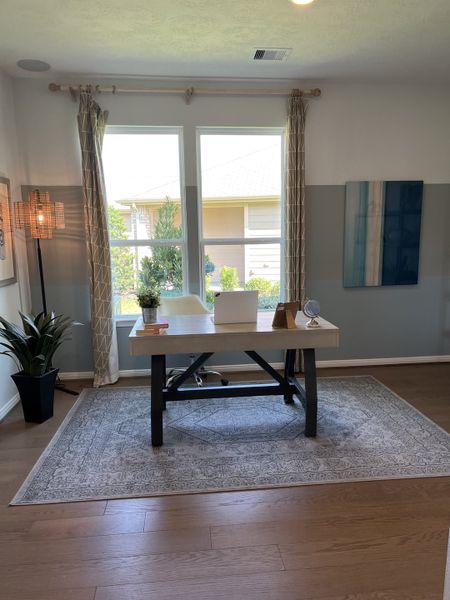 A bright home office with natural light, modern decor, and a sleek desk on a patterned rug.