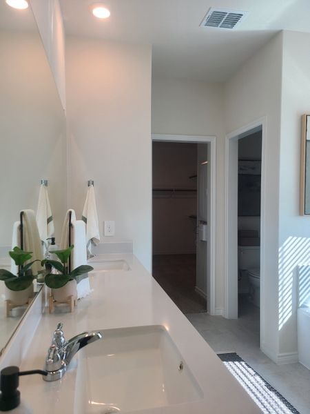 A bright bathroom with a sleek double vanity, modern fixtures, and ample natural light filtering through.