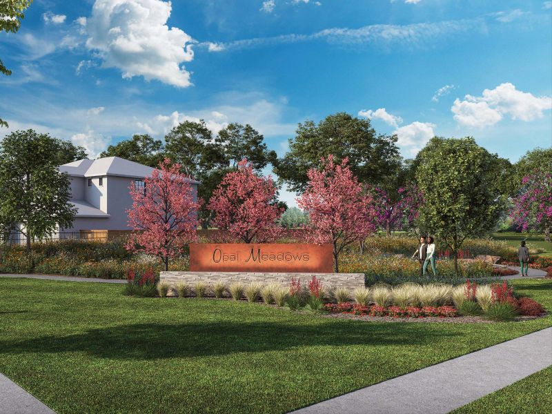Entrance to the Opal Meadows community in Kyle, TX, featuring signage and landscaping (Image 2).