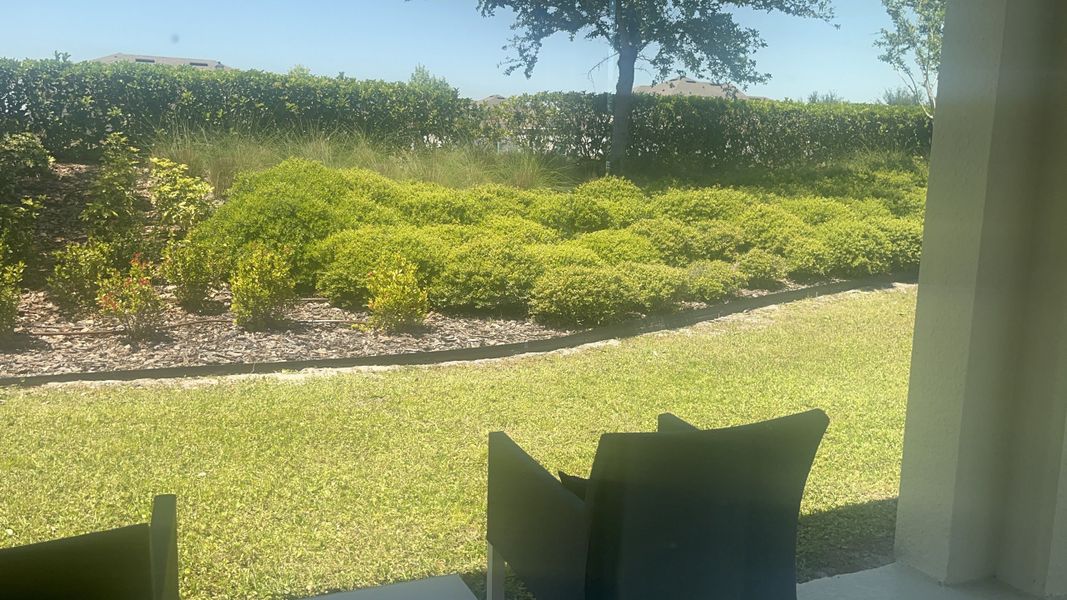 A serene backyard with lush greenery and a cozy seating area, perfect for relaxation and enjoying the outdoors.