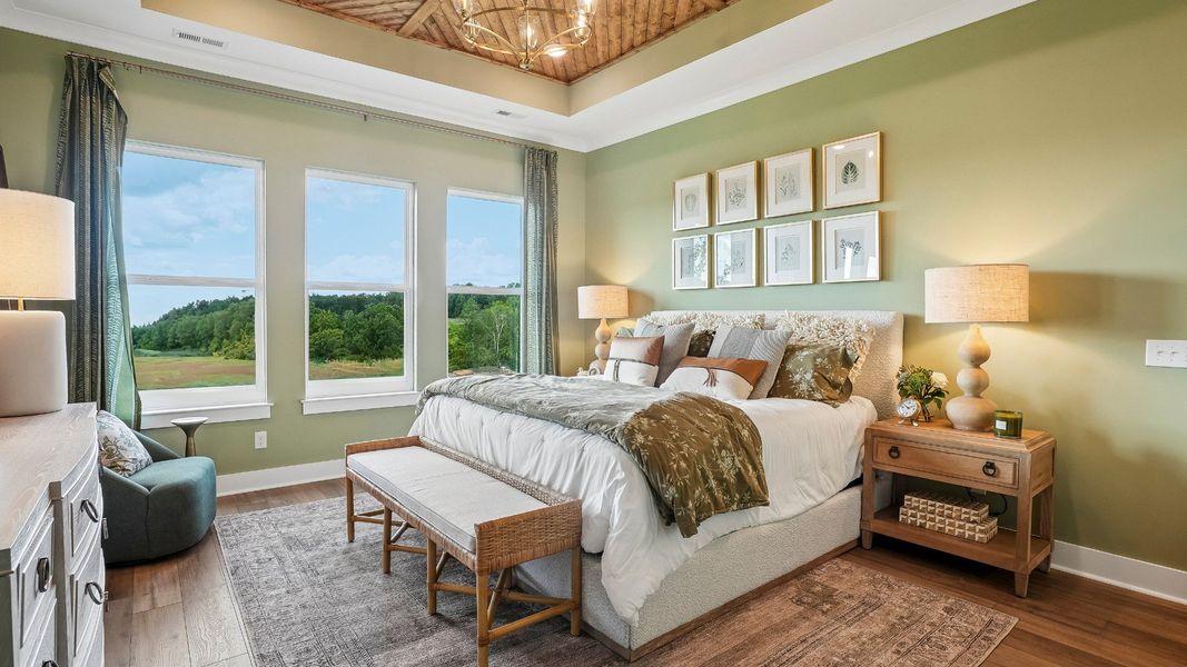Primary suite with tray ceiling, hard surface flooring, and windows Primary suite with tray ceiling, hard surface flooring, and windows