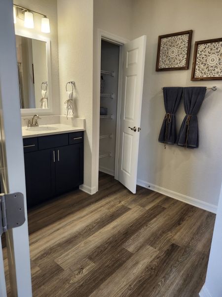 A cozy bathroom with dark vanity, spacious mirror, laminate flooring, and classic decor.