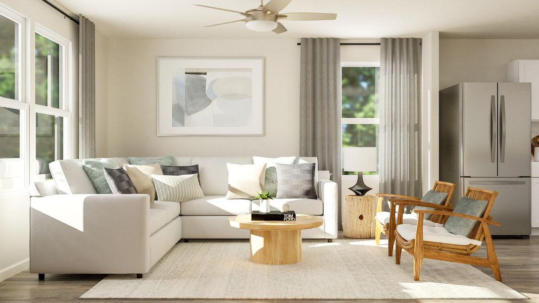 A living room with a couch and a table.