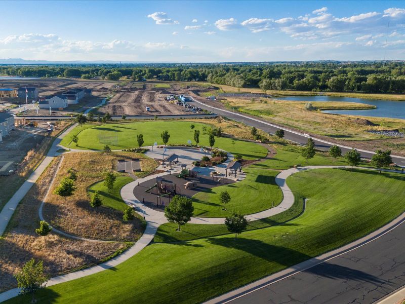 Drone flyover image taken at Poudre Heights, a Meritage Homes community in Windsor, CO.