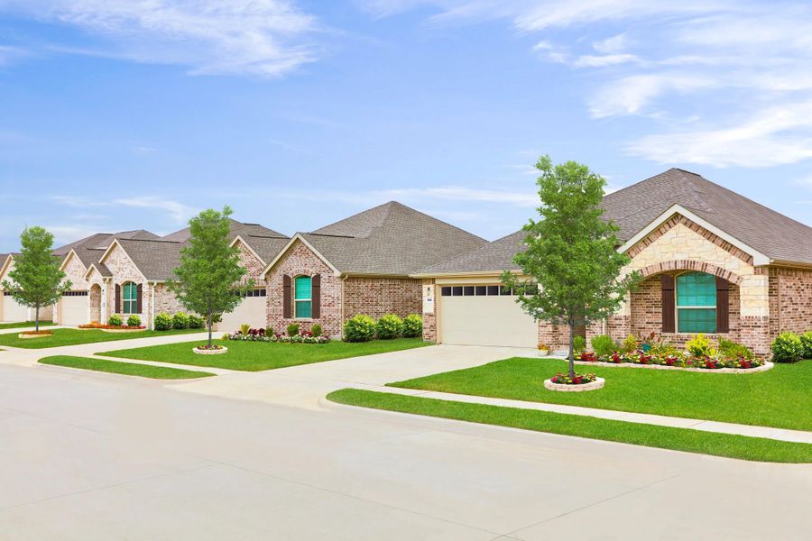 streetscape with neighborhood homes and bright green landscape streetscape with neighborhood homes and bright green landscape