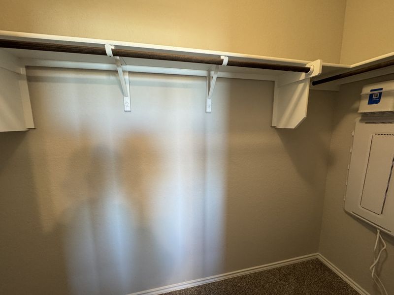 A spacious walk-in closet with carpeted flooring and dark wooden shelves for organized storage. A spacious walk-in closet with carpeted flooring and dark wooden shelves for organized storage.