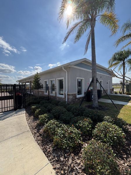 A charming townhome exterior with a covered entry, lush landscaping, and contemporary design in Avian Pointe Townhomes by D.R. Horton (Apopka, FL).