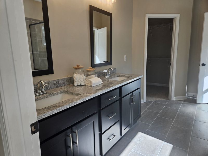 A sleek bathroom with a granite countertop double vanity, black cabinets, and a spacious walk-in closet.