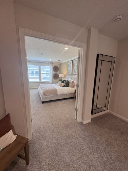 A cozy bedroom with plush carpet, modern decor, and ample natural light from large windows.