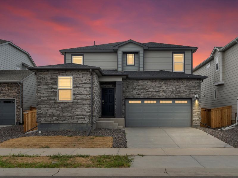 Snowberry floorplan exterior image taken at a Meritage Homes community in Brighton, CO.