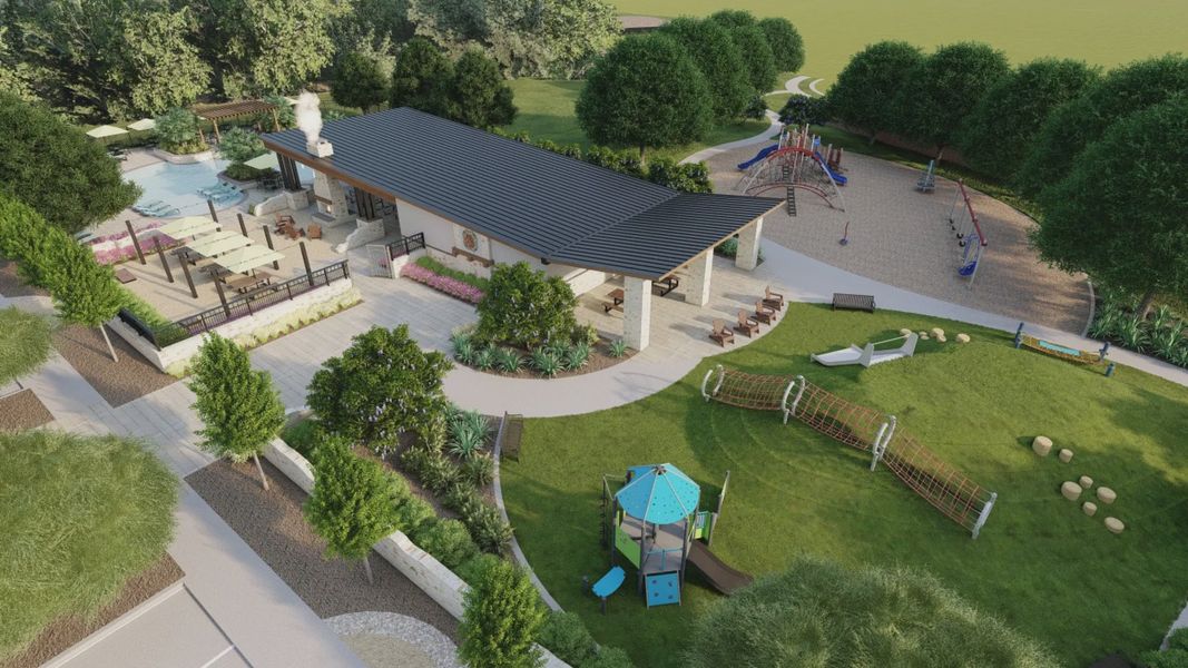 Experience modern elegance with a sleek pavilion and resort-style pool in Briarwood's lush landscape.