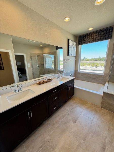 A modern bathroom featuring a double vanity, sleek dark cabinets, and a large window with natural light.