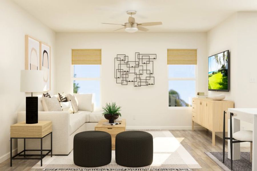 A living room with a white couch and a black chair. A living room with a white couch and a black chair.
