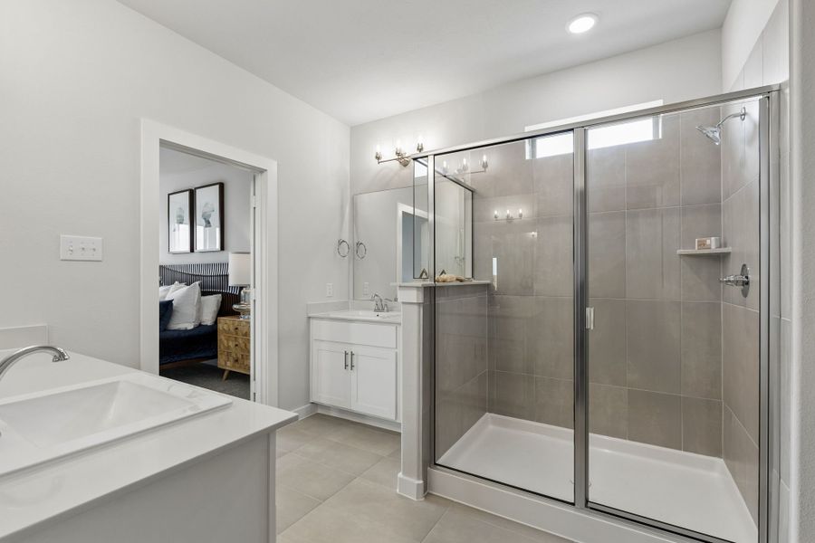 Primary Bathroom in a Madero New Winters Model in Haslet TX by Trophy Signature Homes