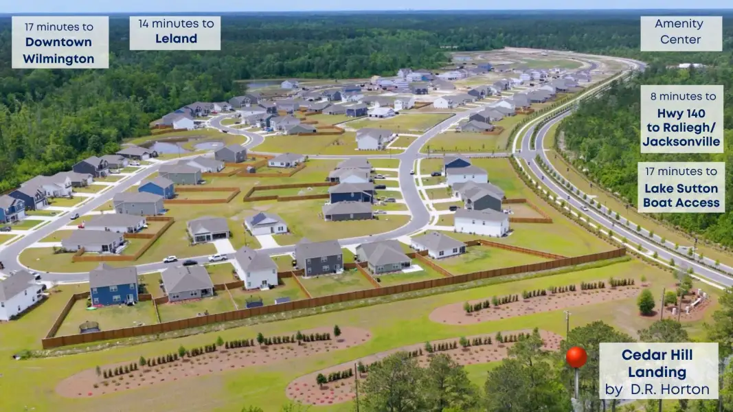 Aerial view of the The Highlands at Cedar Hill Landing community in Navassa, NC, showing layout and nearby surroundings (Image 1). Aerial view of the The Highlands at Cedar Hill Landing community in Navassa, NC, showing layout and nearby surroundings (Image 1).
