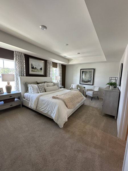 A serene bedroom with cozy carpet, a plush bed, elegant artwork, and natural light through large windows.