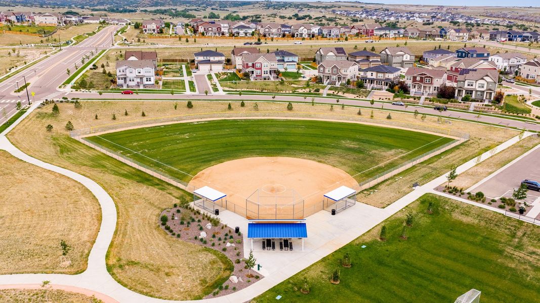 Aerial view of the Trails at Crowfoot community in Parker, CO, showing layout and nearby surroundings (Image 10). Aerial view of the Trails at Crowfoot community in Parker, CO, showing layout and nearby surroundings (Image 10).