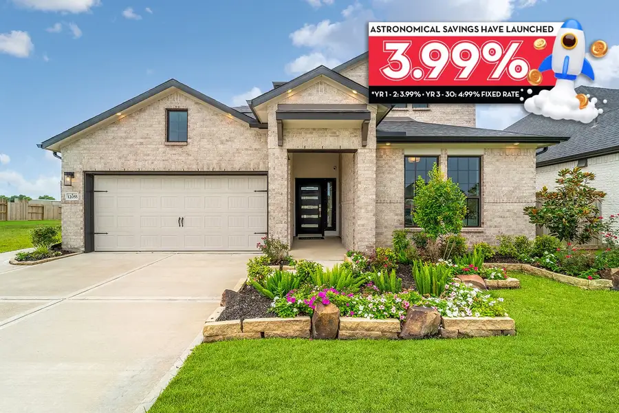 Front exterior of a home in the Mulberry Farms community, located in Santa Fe, TX (Image 1).