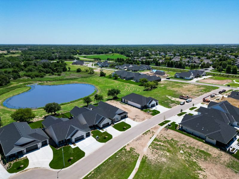Aerial view of the The Courtyards at Jacobs Farm community in Wichita, KS, showing layout and nearby surroundings (Image 20). Aerial view of the The Courtyards at Jacobs Farm community in Wichita, KS, showing layout and nearby surroundings (Image 20).