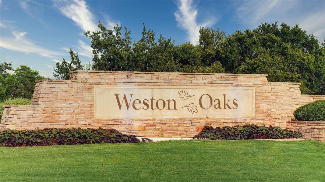 Entrance to the Weston Oaks community in San Antonio, TX, featuring signage and landscaping (Image 14).