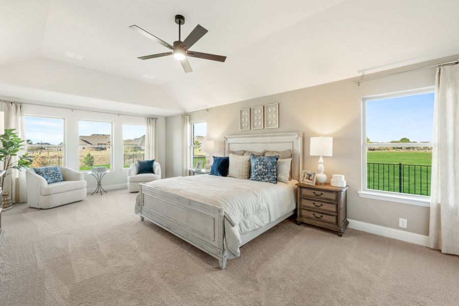 Spacious master bedroom with king bed, ceiling fan, carpet flooring, and large windows with backyard views