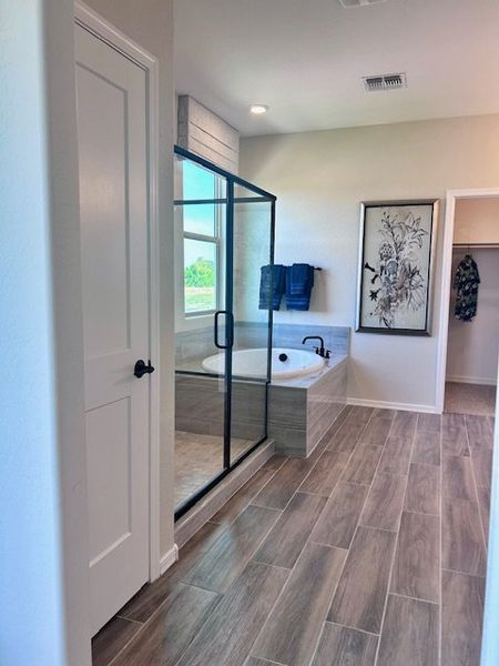 A modern bathroom with wood-look tile flooring, a glass-enclosed shower, and elegant framed artwork. A modern bathroom with wood-look tile flooring, a glass-enclosed shower, and elegant framed artwork.