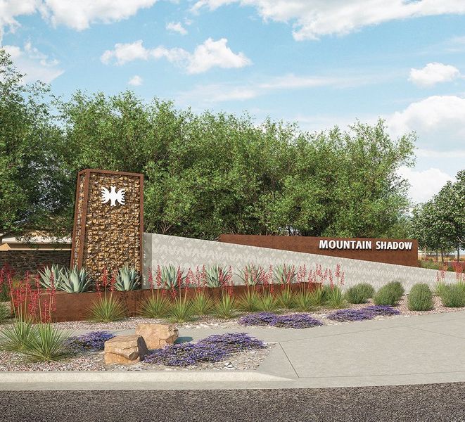 Entrance to the Mountain Shadow community in El Paso, TX, featuring signage and landscaping (Image 1). Entrance to the Mountain Shadow community in El Paso, TX, featuring signage and landscaping (Image 1).