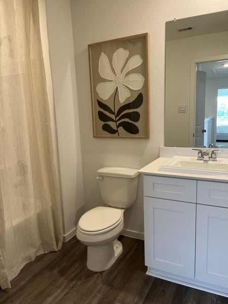 A modern bathroom with sleek wood flooring, a white vanity, and floral artwork adding a touch of elegance.
