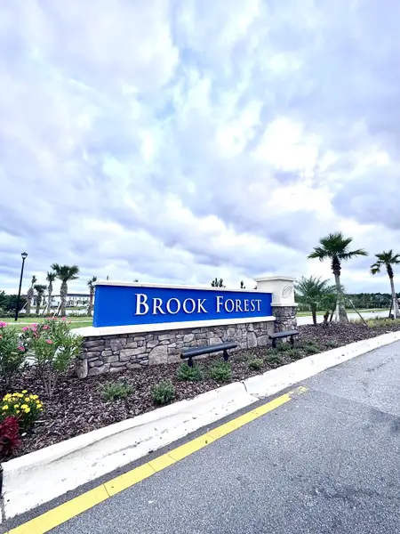 Elegant stone entrance sign with lush landscaping at Brook Forest by Dream Finders Homes in St. Augustine, FL.
