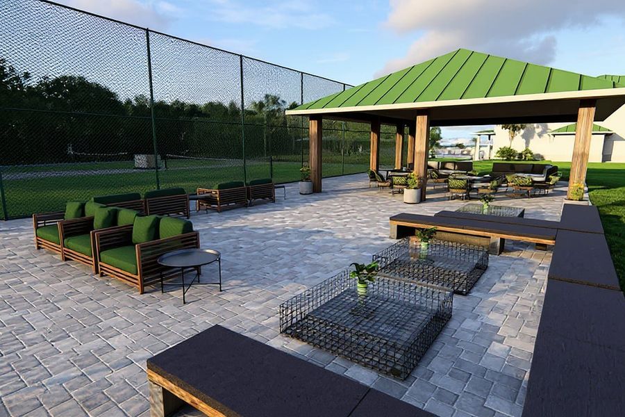 Planned community racquetball sports patio and pavilion, and tennis and pickleball courts
