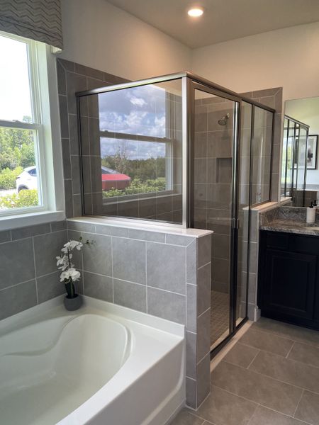 A modern bathroom featuring a sleek glass shower, a large tub, and natural light. A modern bathroom featuring a sleek glass shower, a large tub, and natural light.