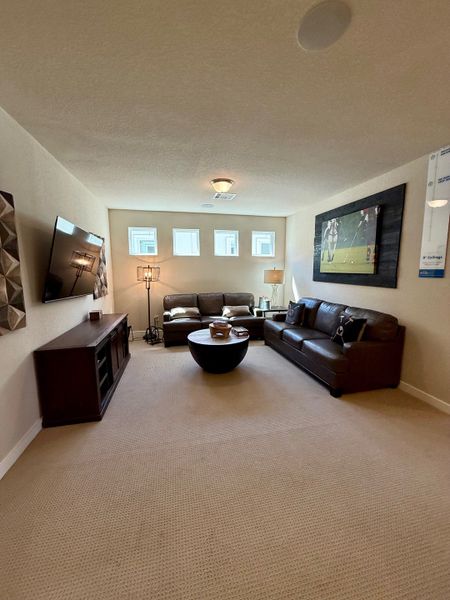 A cozy media room with plush sofas, a large TV, and soft lighting, perfect for relaxing and entertaining.