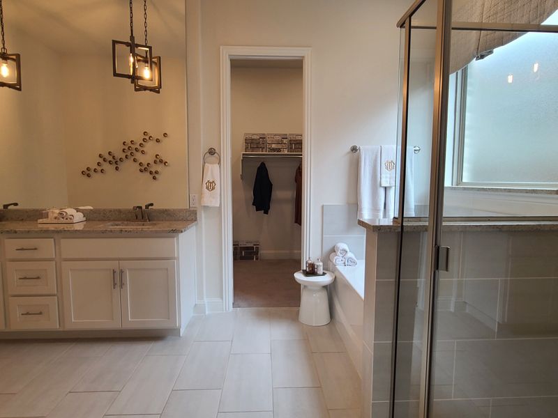 Elegant bathroom featuring dual sinks, modern lighting, glass shower, and a spacious closet entry.
