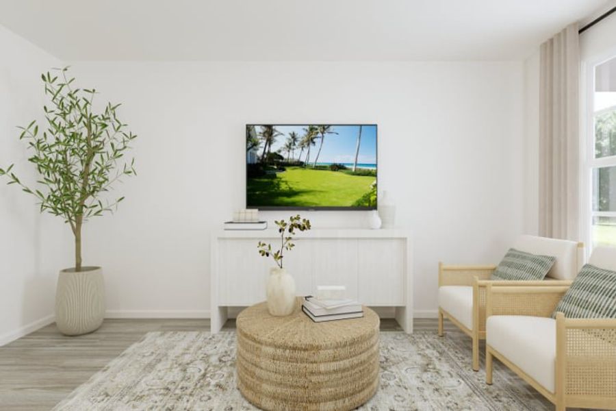 A living room with a tv and couches. A living room with a tv and couches.