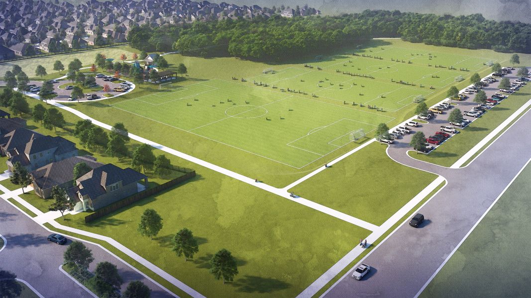 The public park at Parks at Foster Crossing featuring a playground at soccer fields.