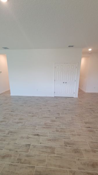 A spacious room with sleek wood-look tile flooring and a simple white door, complementing the minimalist design.