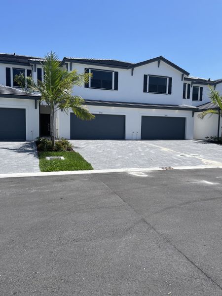 Modern white townhomes with sleek black shutters and palm landscaping in Dania Preserve by Lennar (Fort Lauderdale, FL).