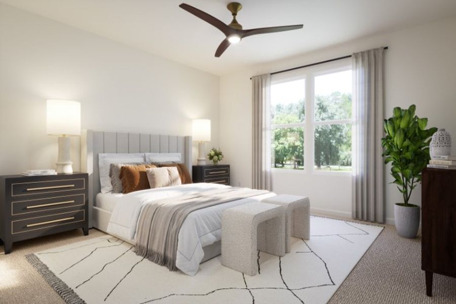 A bedroom with a bed and a fan. A bedroom with a bed and a fan.